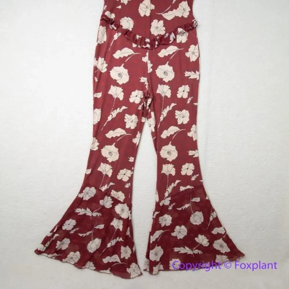 New! Free People AUSTYN brick red floral flaired‎ pant ruffle jumpsuit, size M